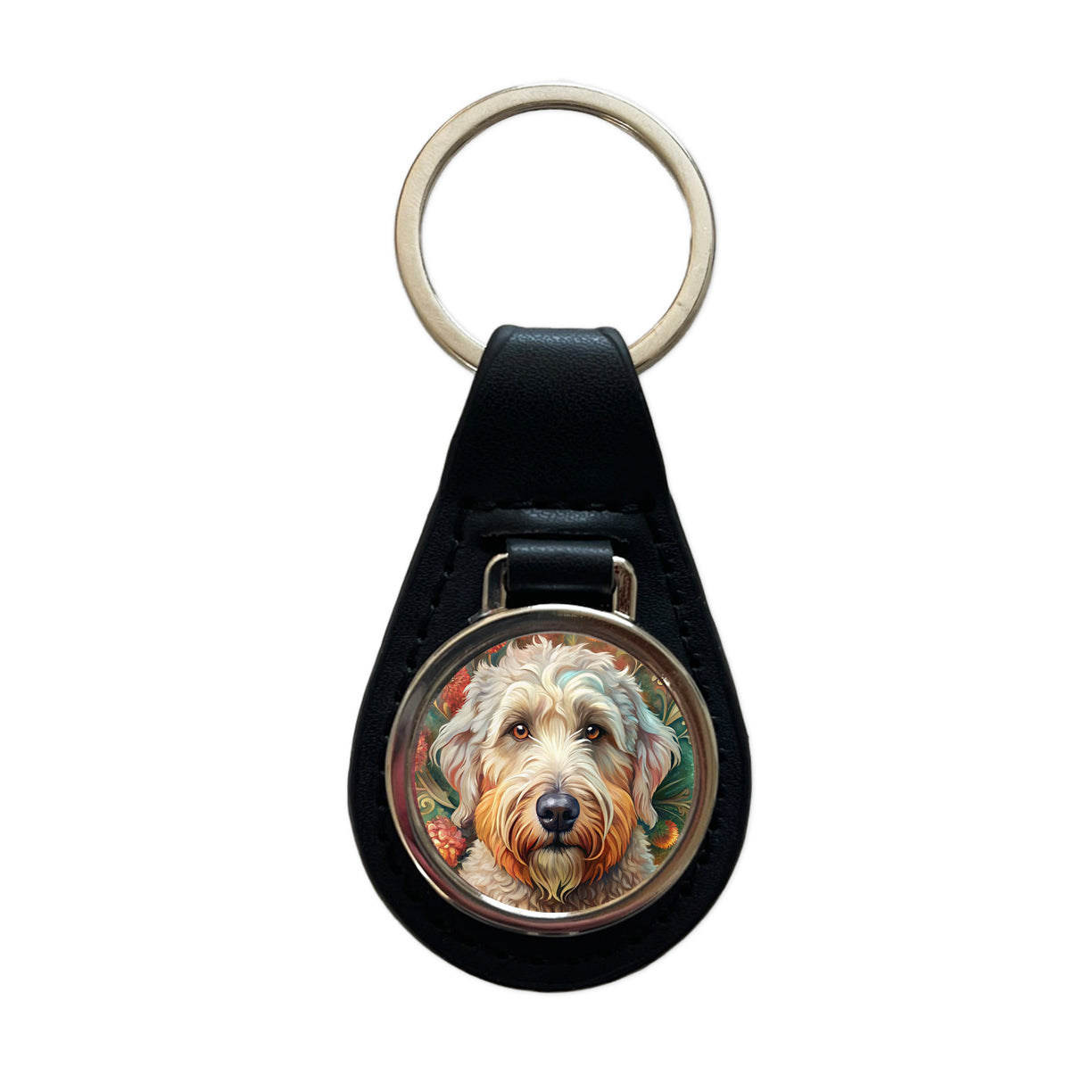 Soft Coated Wheaten Terrier Dog Bohemian Art Black Leather Metal Keychain