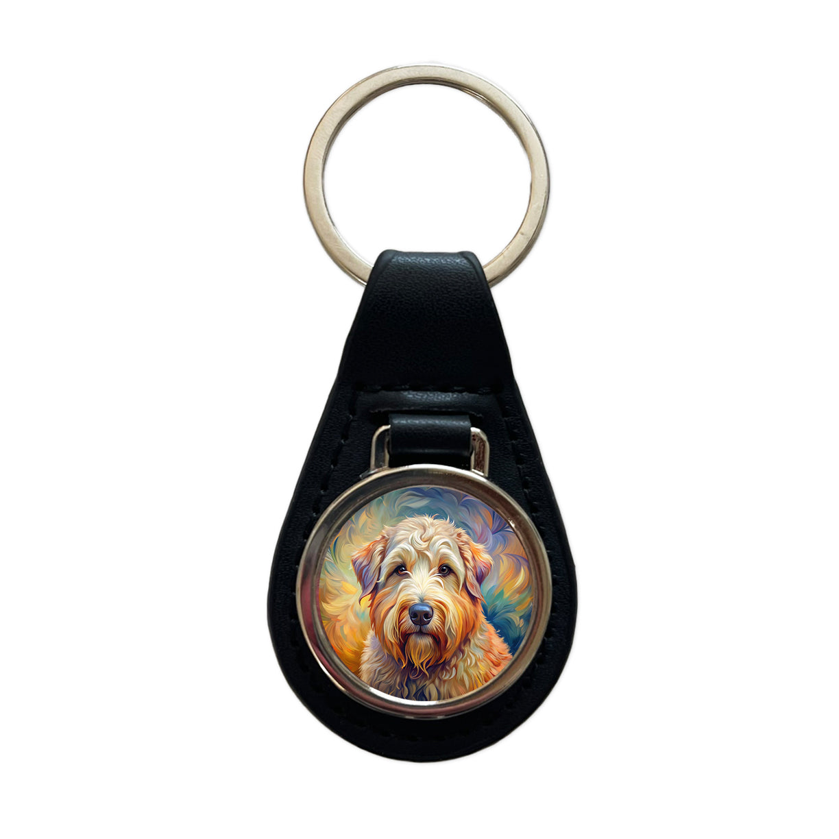 Soft Coated Wheaten Terrier Dog Expressionism Art Black Leather Metal Keychain