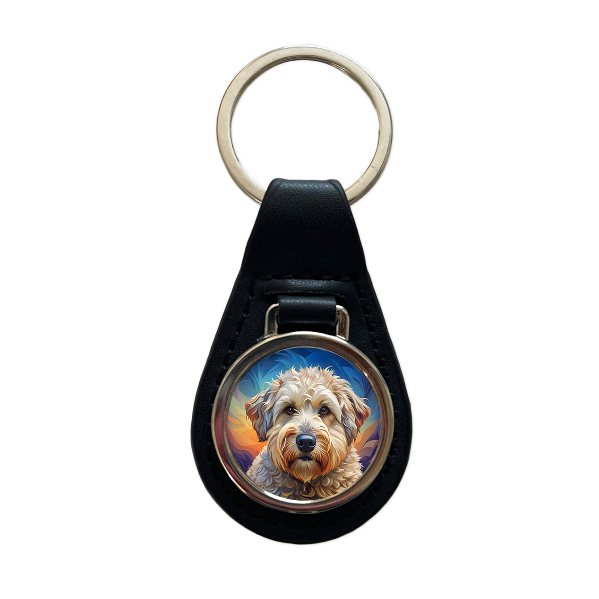 Soft Coated Wheaten Terrier Dog Pop Art Black Leather Metal Keychain