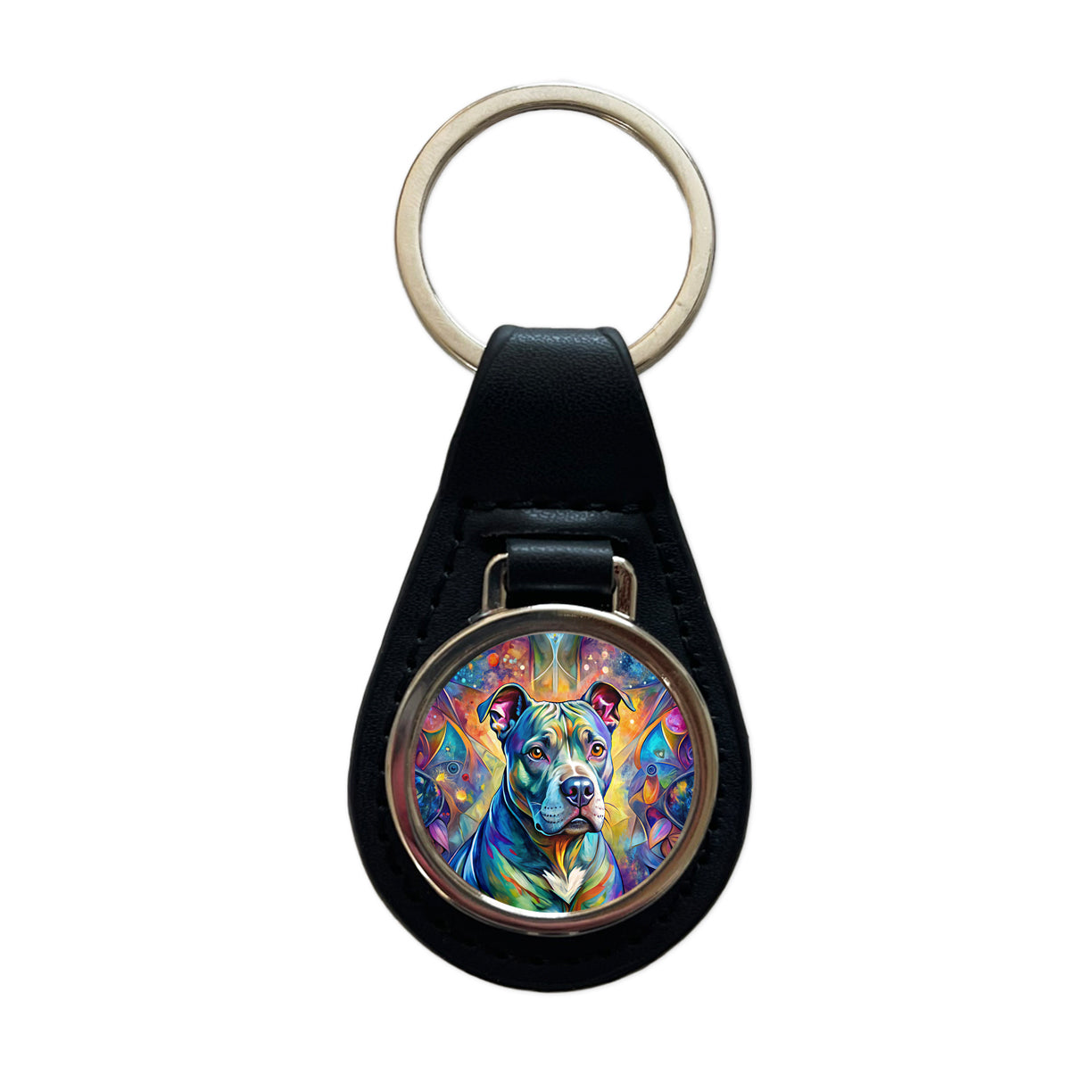 Staffordshire Bull Terrier Staffy Dog Abstract Art Black Leather Metal Keychain