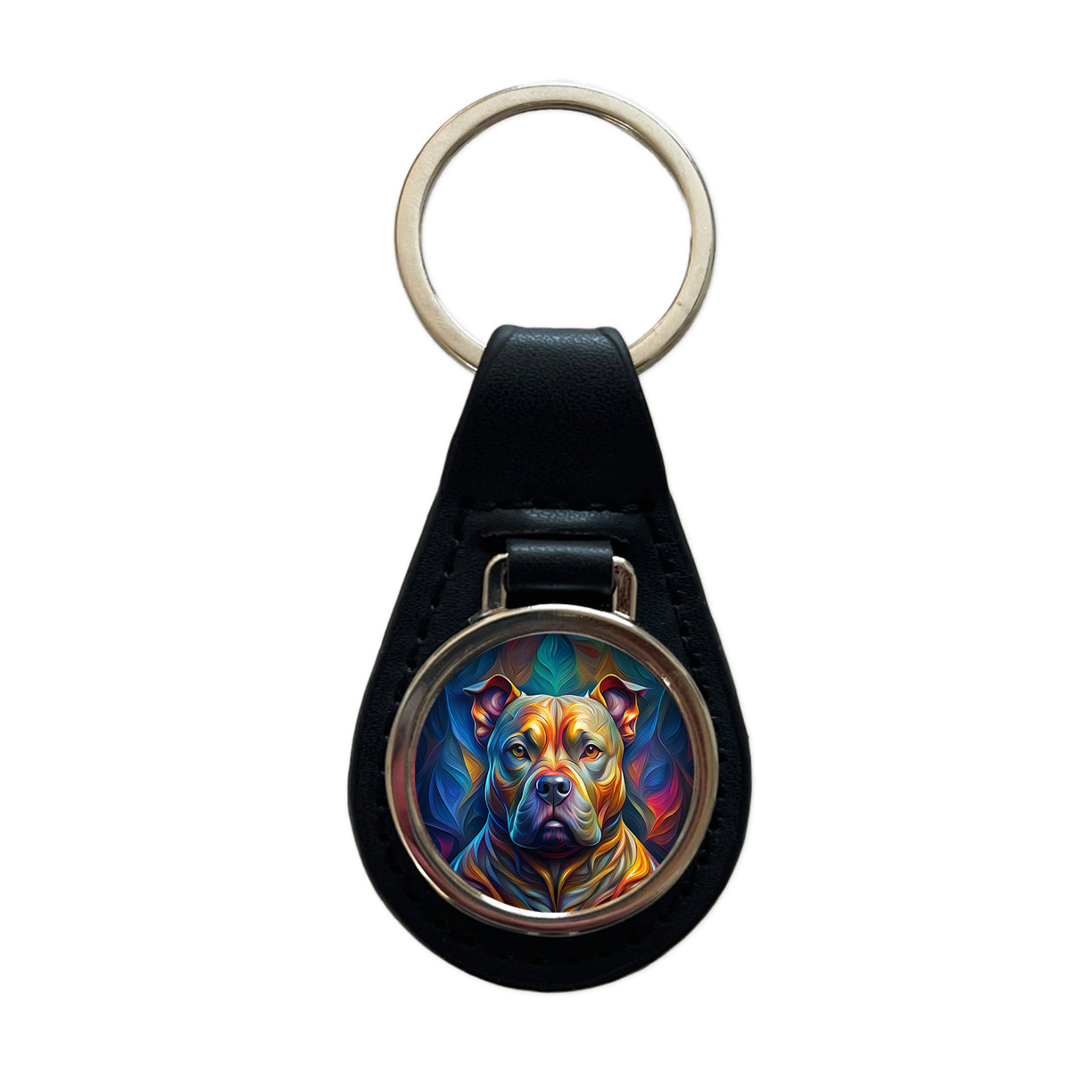 Staffordshire Bull Terrier Staffy Dog Abstract Stylized Art Black Leather Metal Keychain