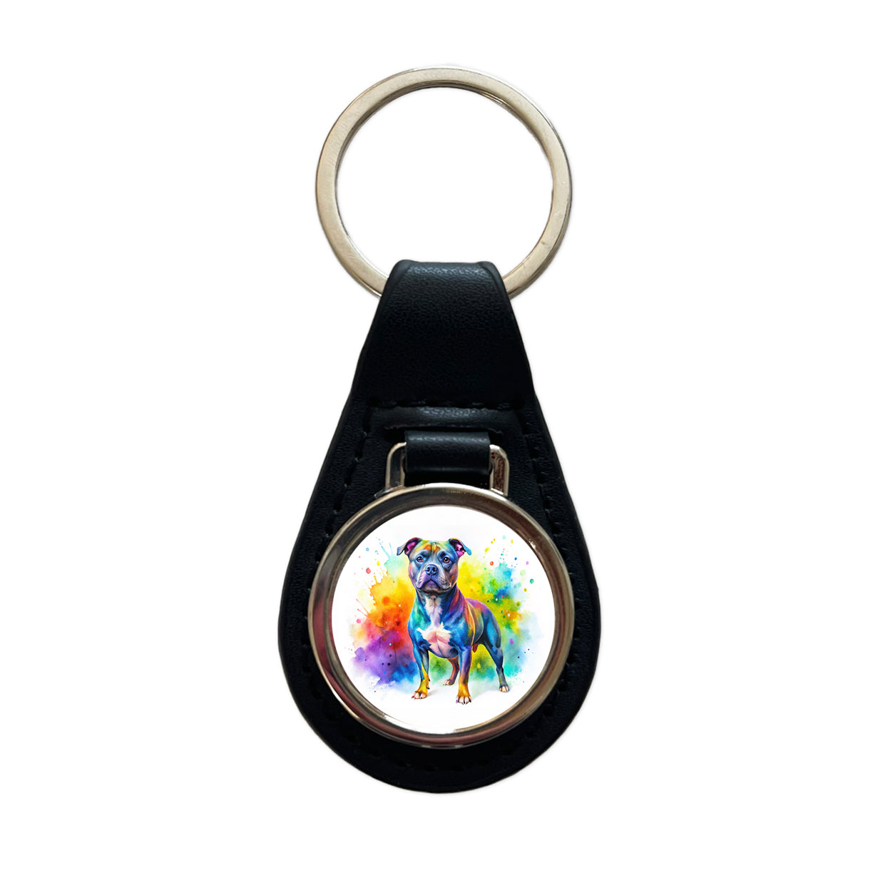 Staffordshire Bull Terrier Staffy Dog Watercolor Style Black Leather Metal Keychain