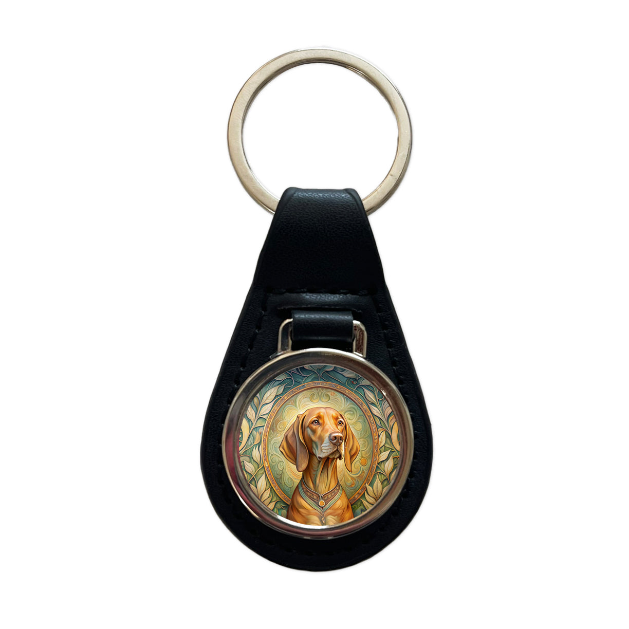 Vizsla Dog Art Nouveau Black Leather Metal Keychain