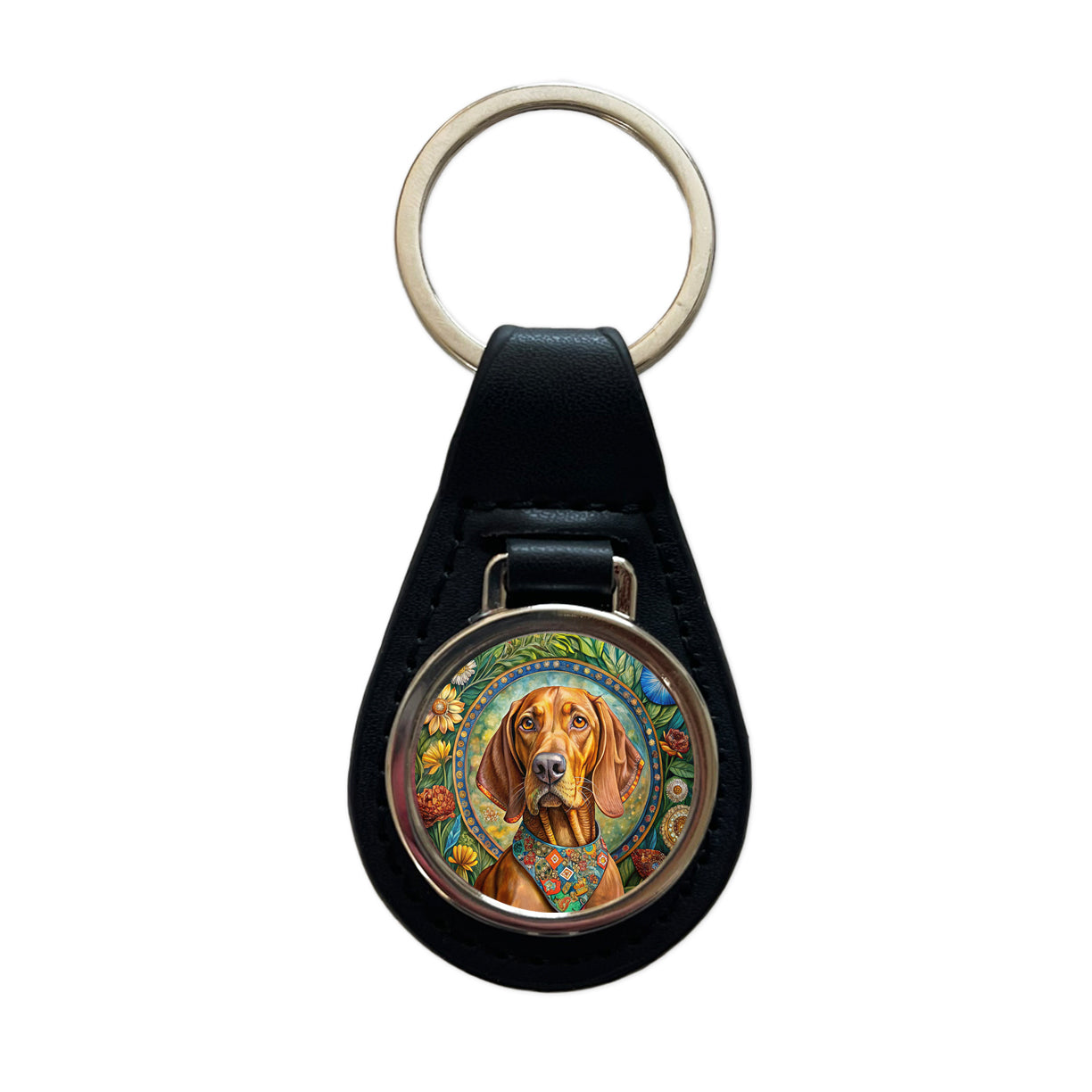 Vizsla Dog French Bohemian Art Black Leather Metal Keychain
