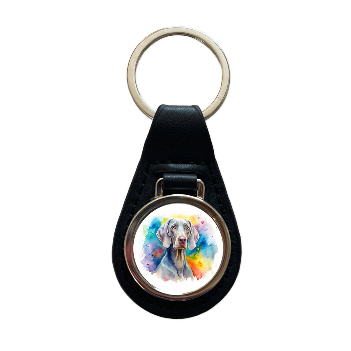 Weimaraner Dog Watercolor Style Black Leather Metal Keychain