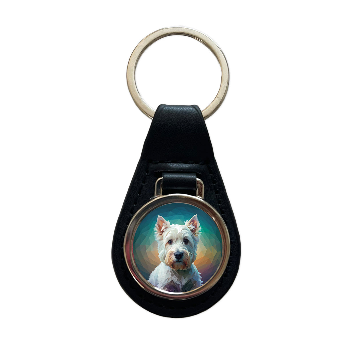 West Highland White Terrier Westie Abstract Stylized Art Black Leather Metal Keychain