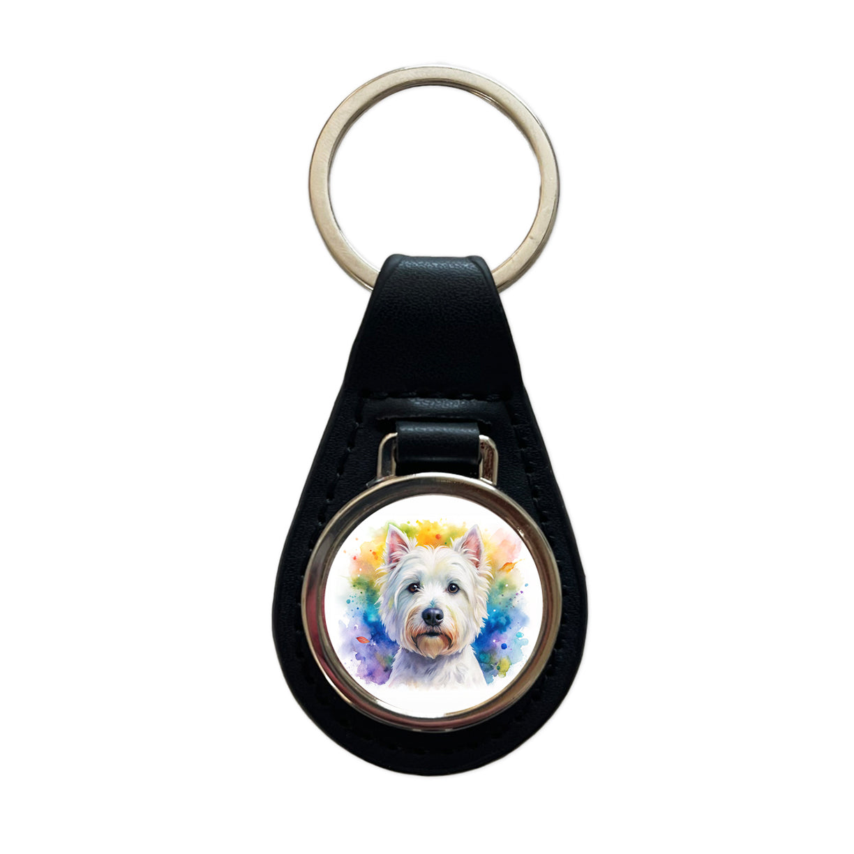 West Highland White Terrier Westie Dog Watercolor Style Black Leather Metal Keychain