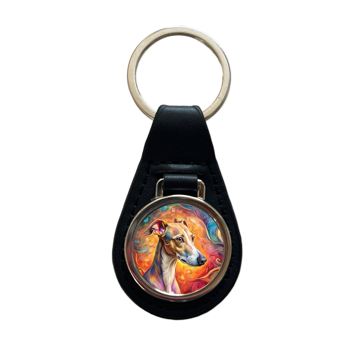 Whippet Dog Abstract Art Black Leather Metal Keychain