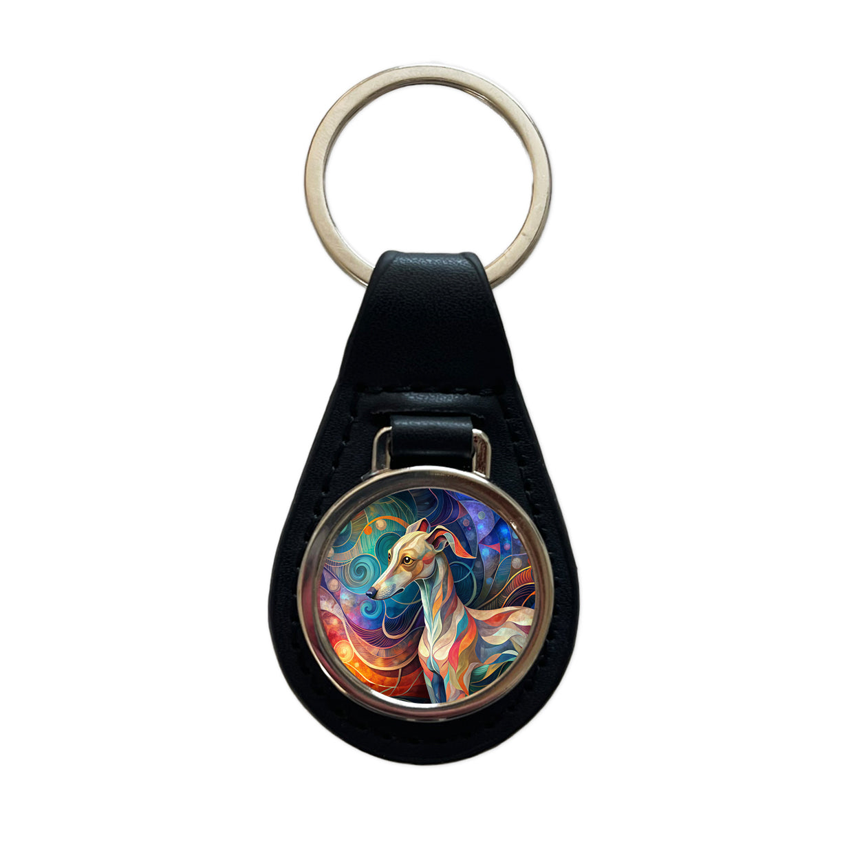 Whippet Dog Abstract Stylized Art Black Leather Metal Keychain