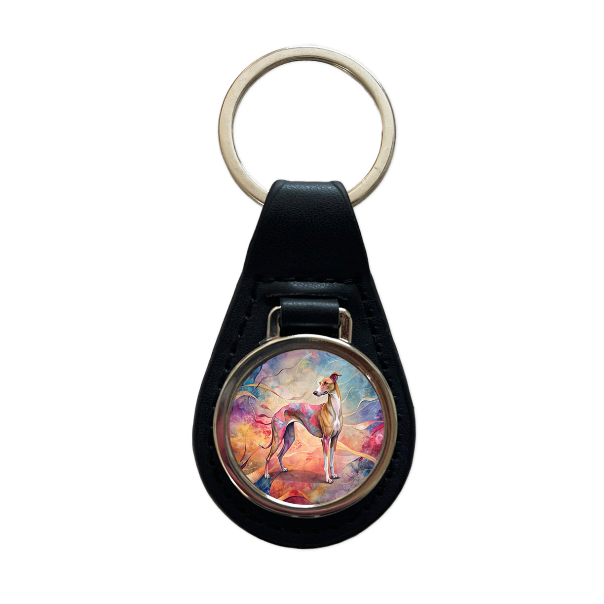 Whippet Dog Contemporary Art Black Leather Metal Keychain