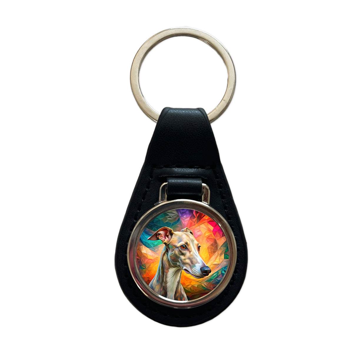 Whippet Dog Pop Art Black Leather Metal Keychain