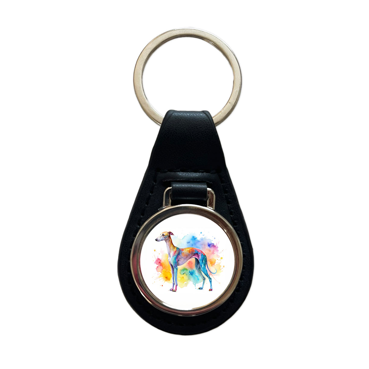 Whippet Dog Watercolor Style Black Leather Metal Keychain