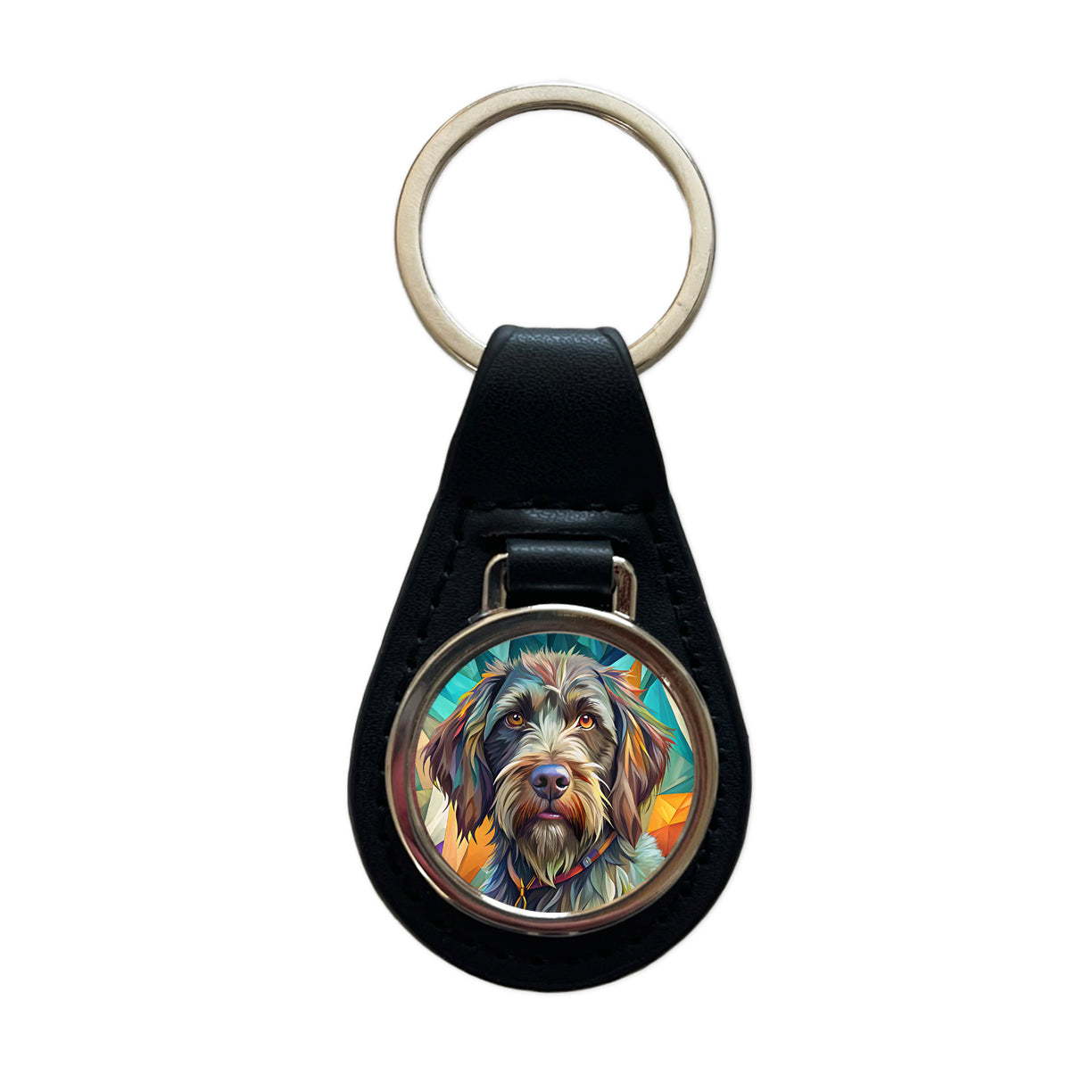 Wirehaired Pointing Griffon Dog Contemporary Art Black Leather Metal Keychain