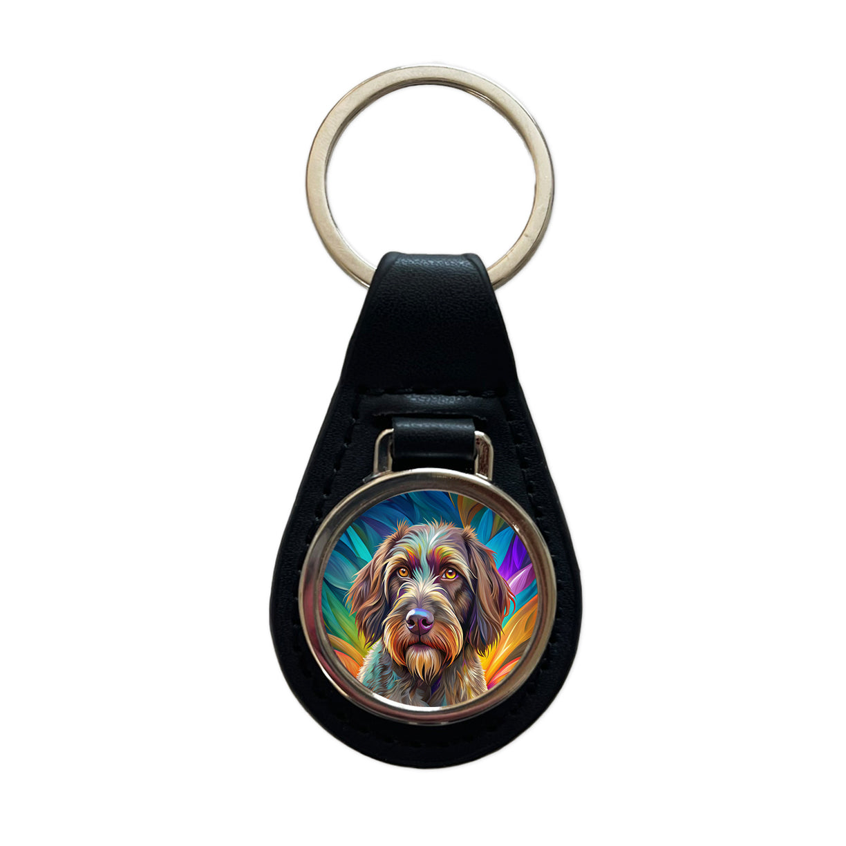 Wirehaired Pointing Griffon Dog Pop Art Black Leather Metal Keychain