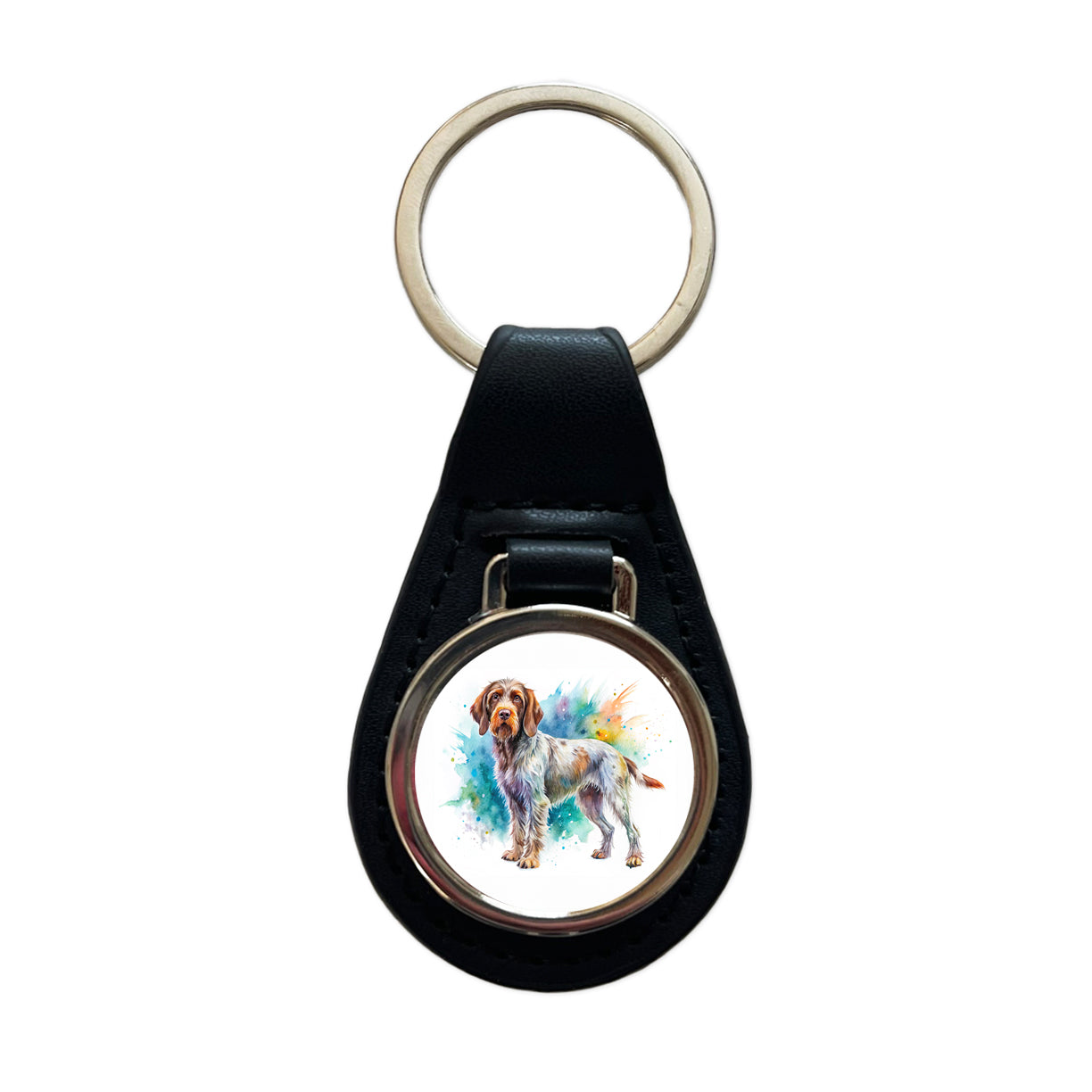 Wirehaired Pointing Griffon Dog Watercolor Style Black Leather Metal Keychain
