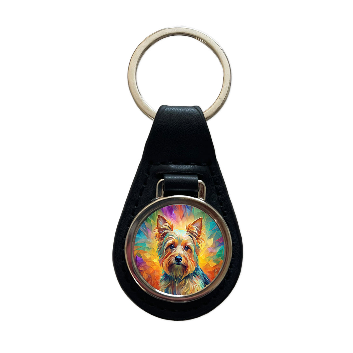 Yorkshire Terrier Yorkie Dog Abstract Art Black Leather Metal Keychain