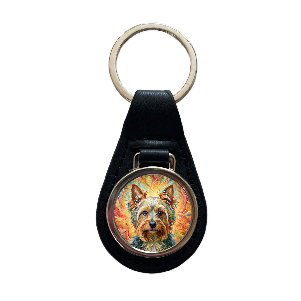 Yorkshire Terrier Yorkie Dog Bohemian Art Black Leather Metal Keychain