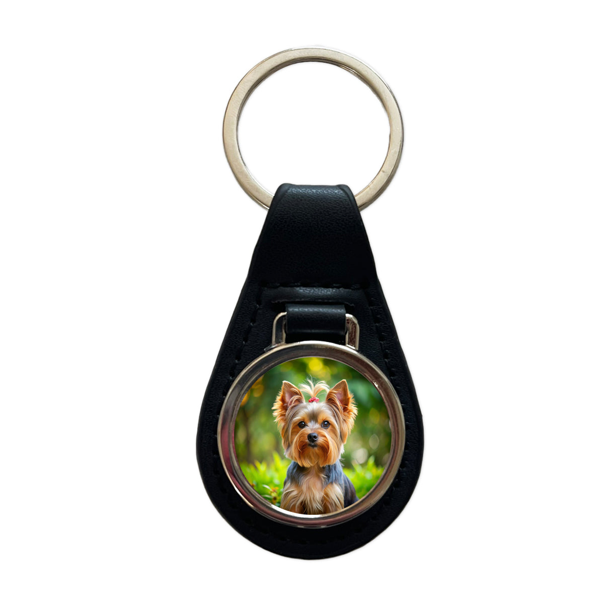 Yorkshire Terrier Yorkie Dog Photo Black Leather Metal Keychain