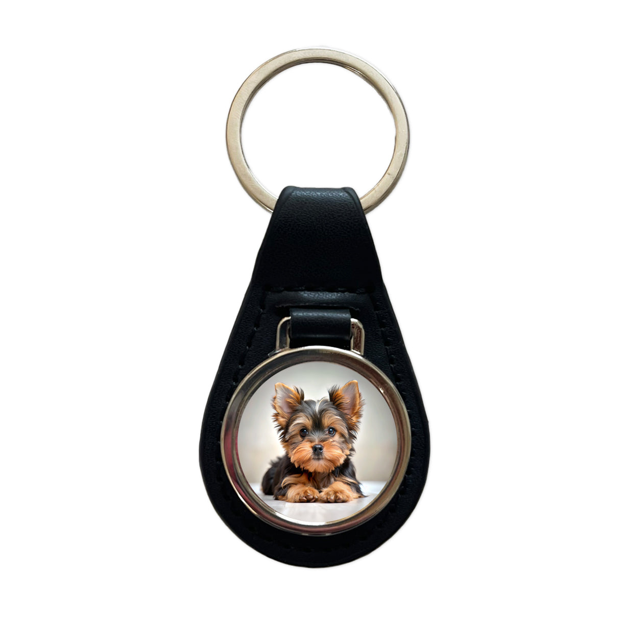 Yorkshire Terrier Yorkie Dog Puppy Photo Black Leather Metal Keychain