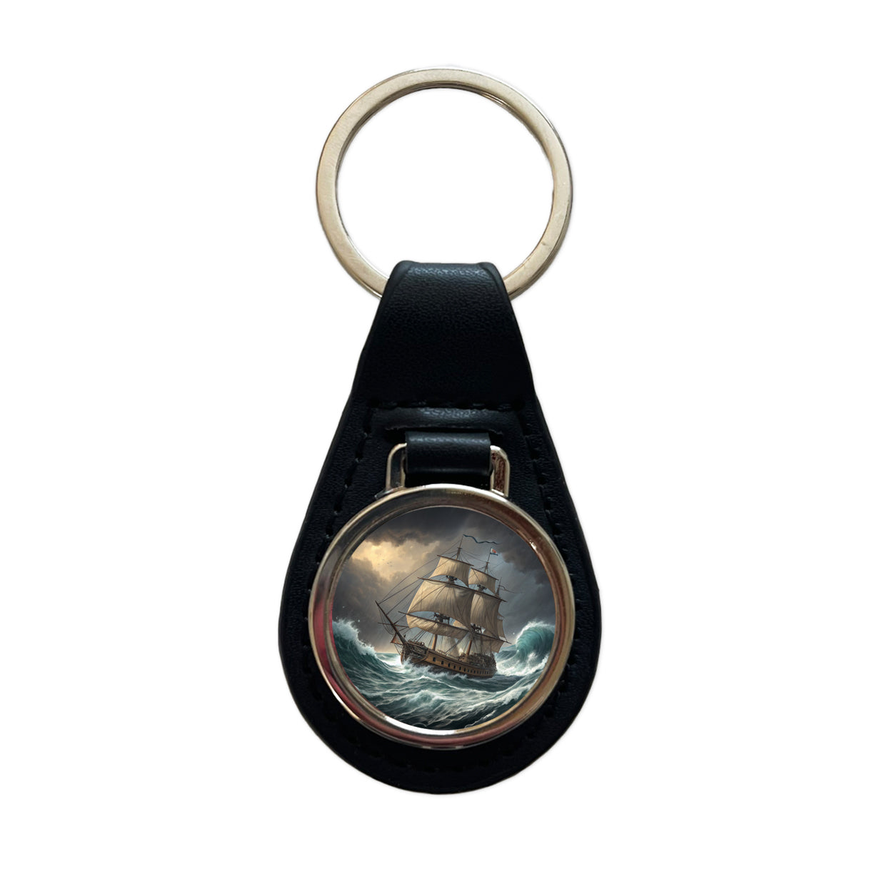 18th Century Sailing Ship Frigate In A Stormy Sea Black Leather Metal Keychain