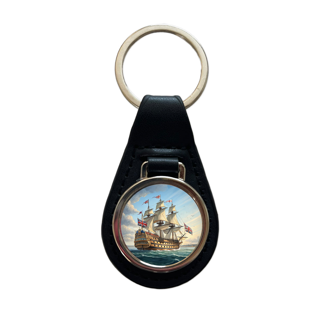 18th Century Warship British Sailing Ship Of The Line Black Leather Metal Keychain