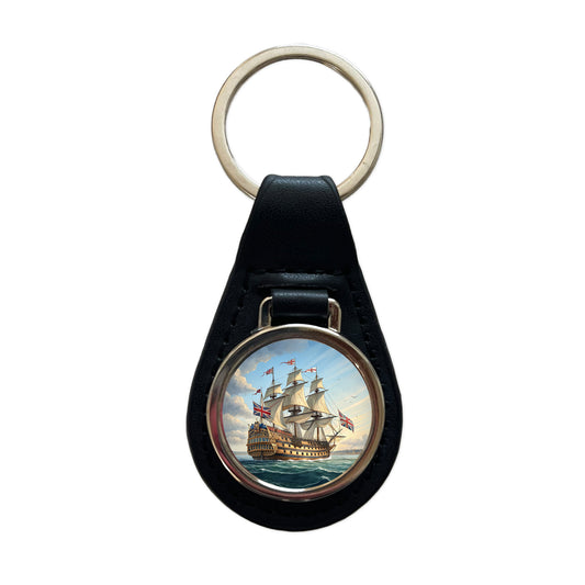 18th Century Warship British Sailing Ship Of The Line Black Leather Metal Keychain