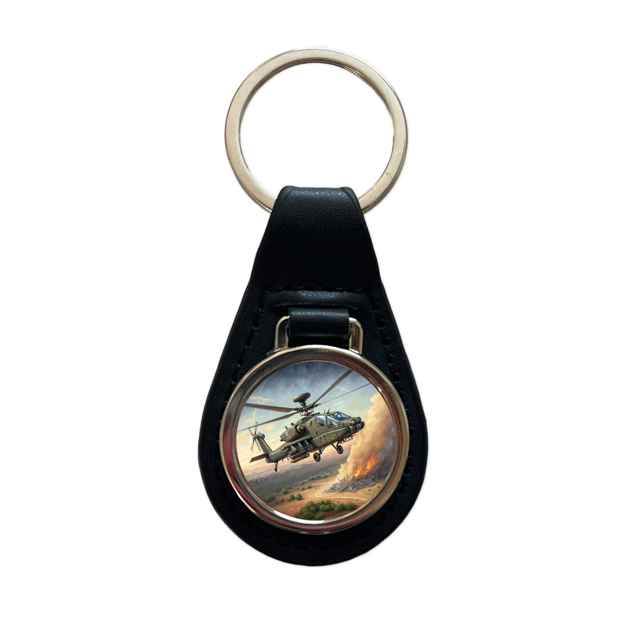Apache AH-64 Attack Helicopter US Army Black Leather Metal Keychain