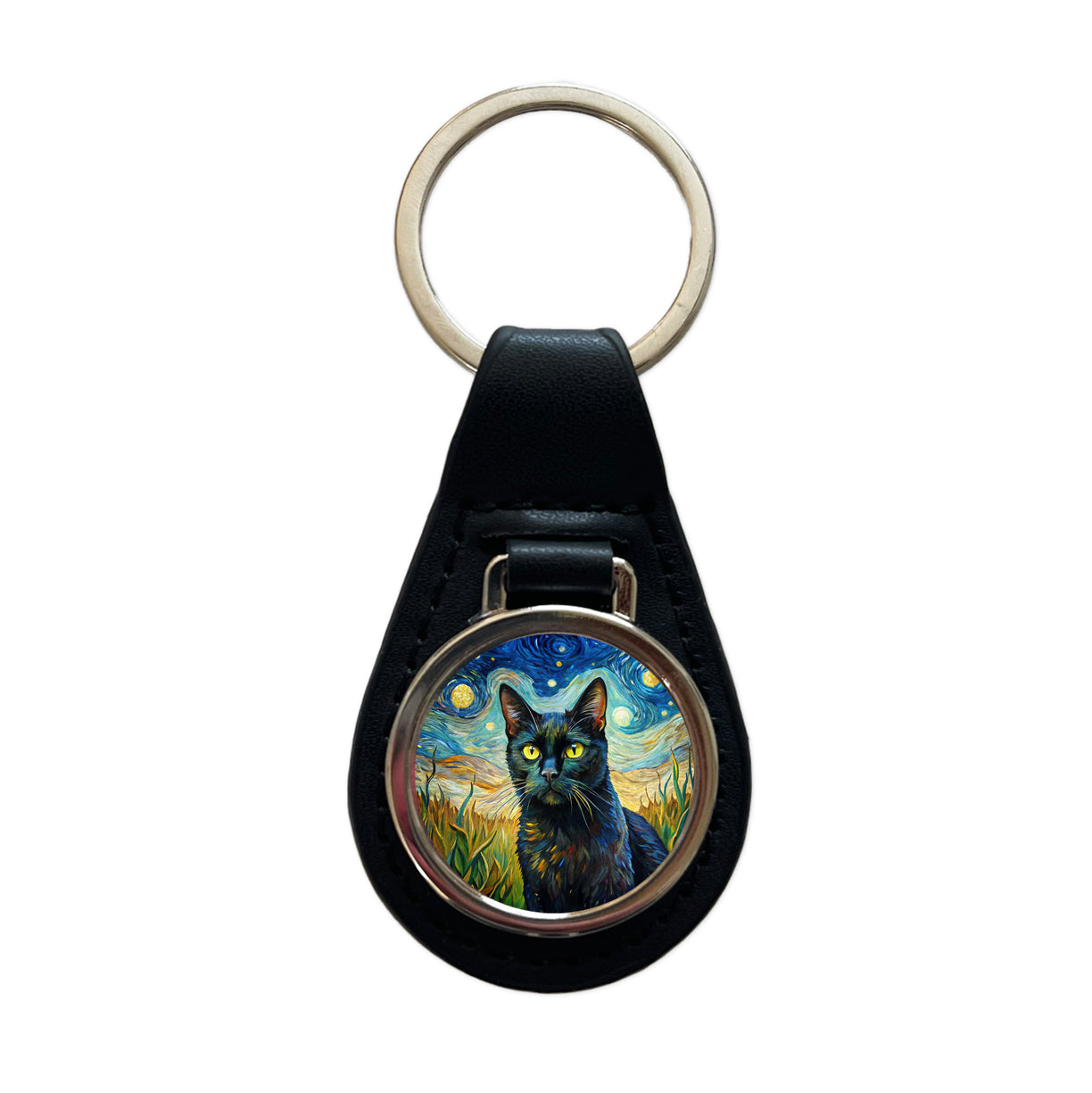 Black Cat Van Gogh Style Painting Black Leather Metal Keychain
