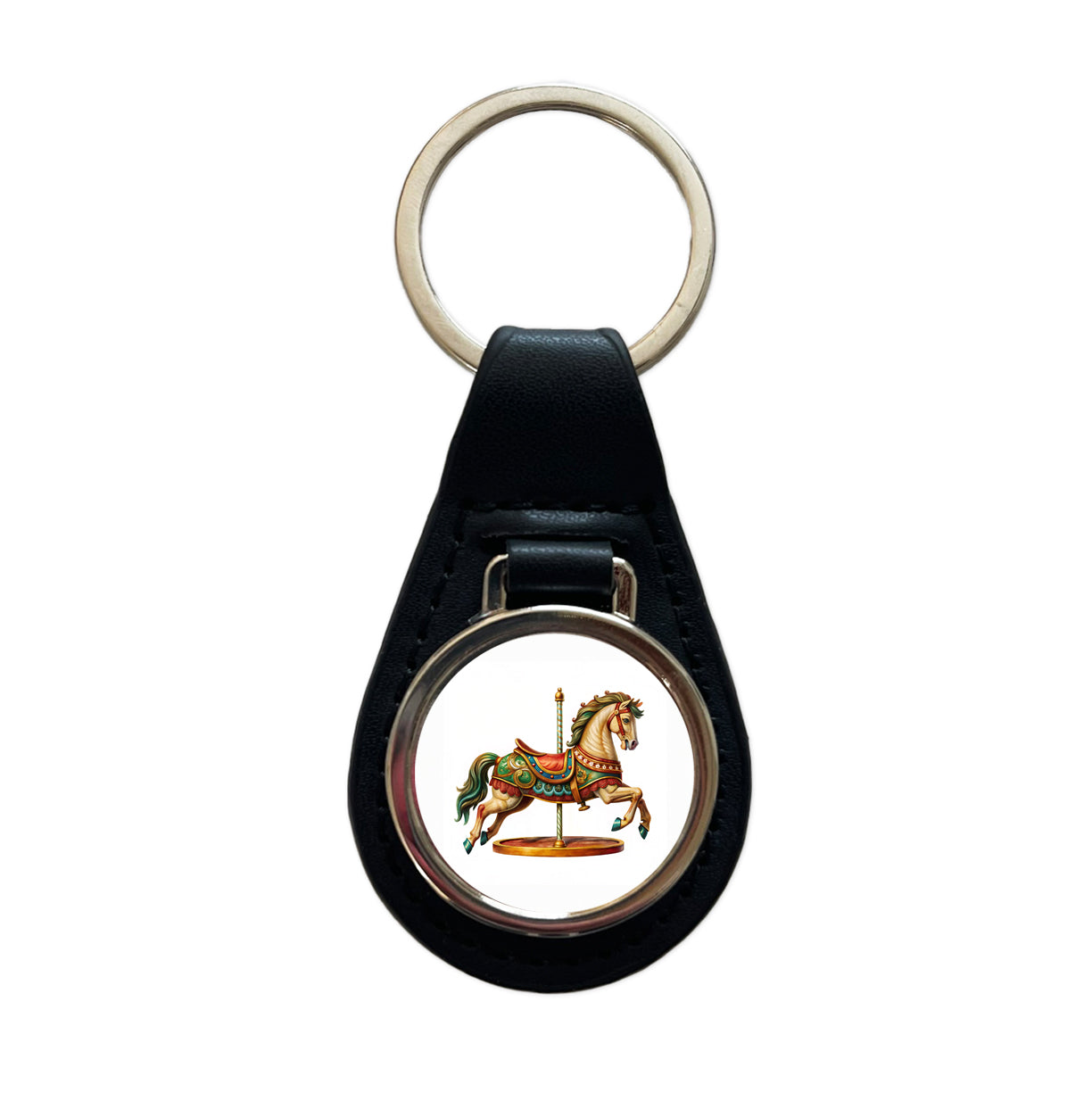 Carousel Horse Black Leather Metal Keychain