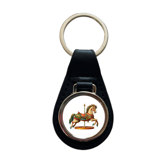 Carousel Horse Black Leather Metal Keychain
