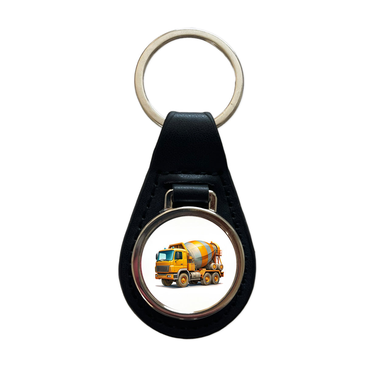 Cement Truck Construction Work Equipment Black Leather Metal Keychain