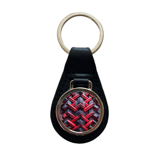 Chunky Angular Black And Red Design Pattern Black Leather Metal Keychain