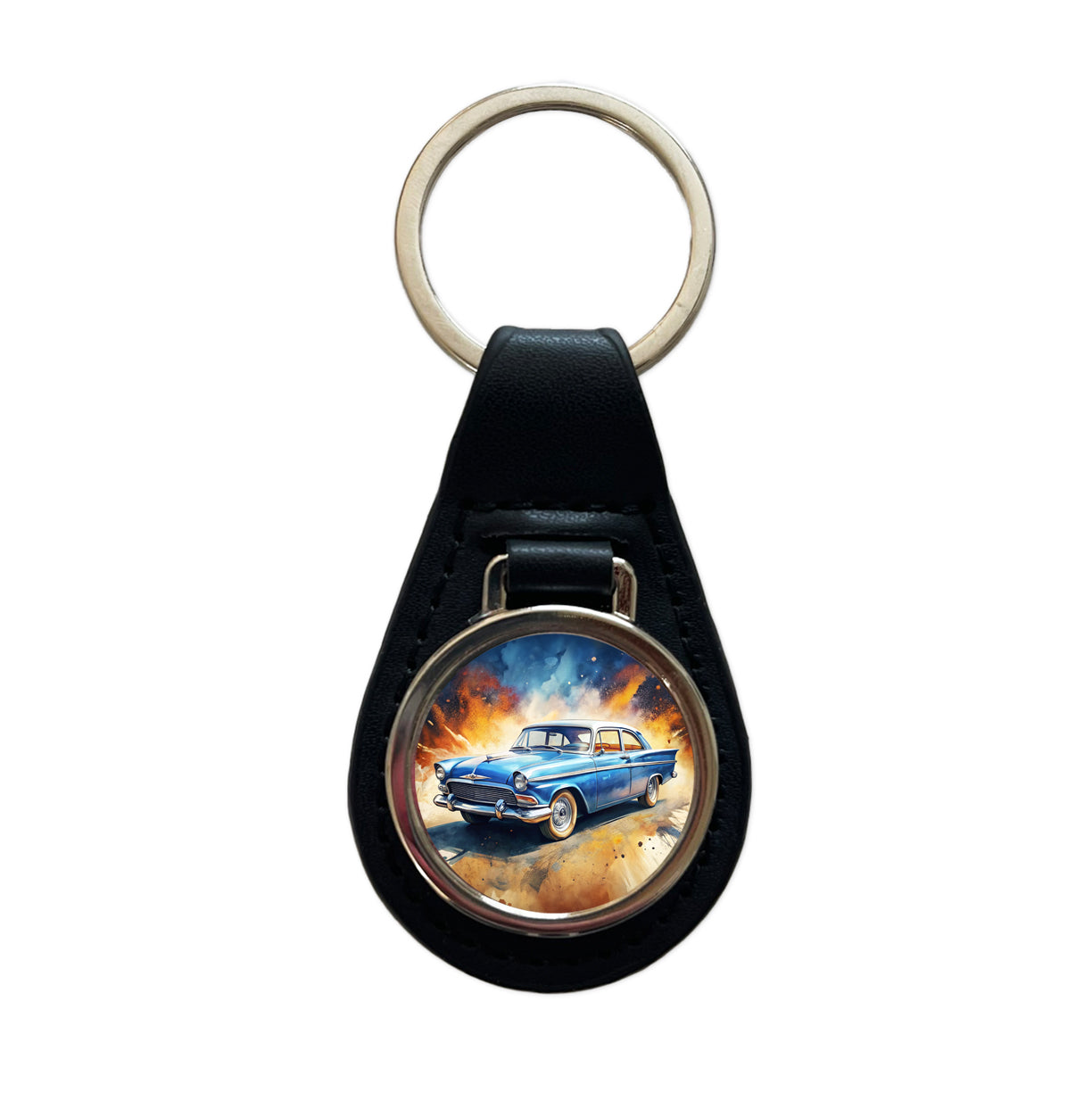 Classic Retro Car Art Black Leather Metal Keychain