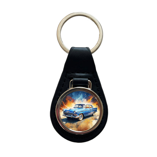 Classic Retro Car Art Black Leather Metal Keychain