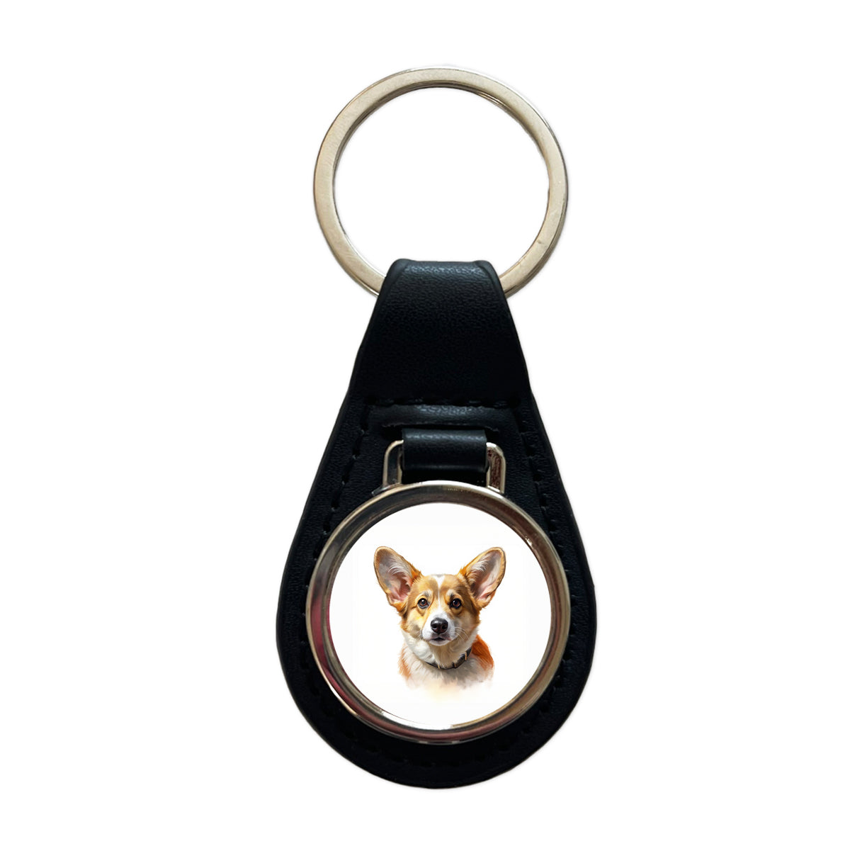 Corgi Cute Face Illustration Black Leather Metal Keychain