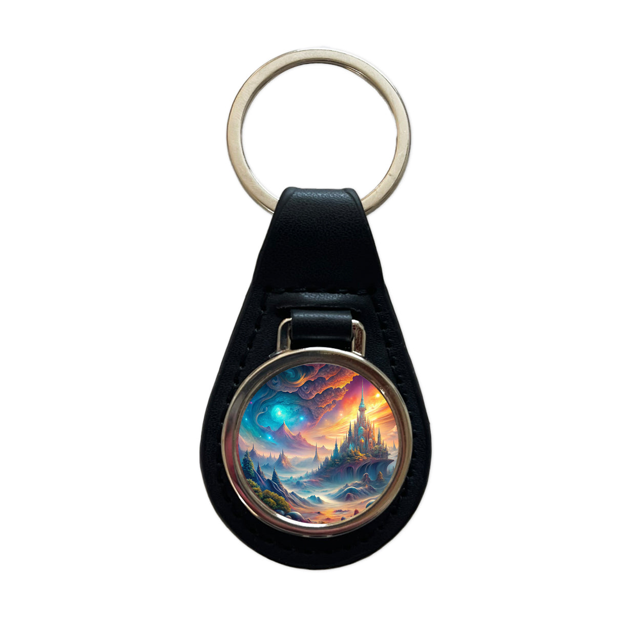 Fantasy World Abstract Art Black Leather Metal Keychain