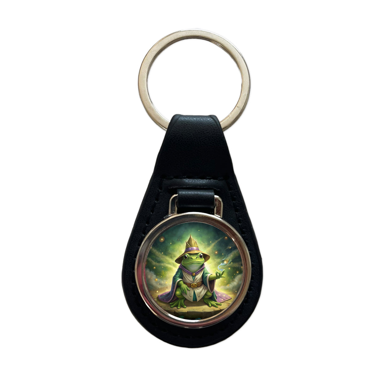 Frog Wizard Black Leather Metal Keychain