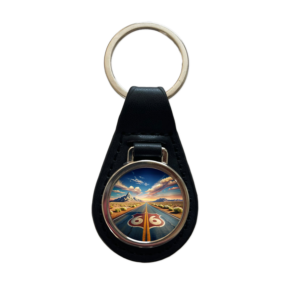 Highway Route 66 Southwest Art Black Leather Metal Keychain