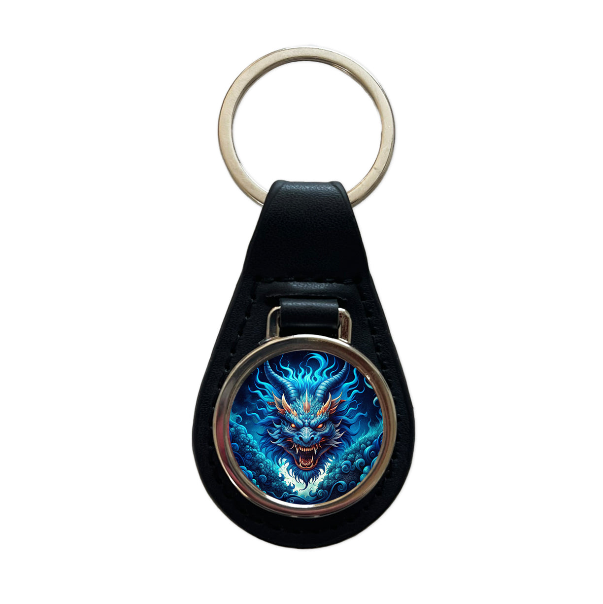 Japanese Asian Blue Spirit Dragon Art Black Leather Metal Keychain