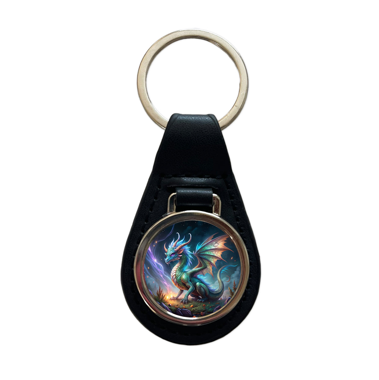 Magical Dragon Black Leather Metal Keychain