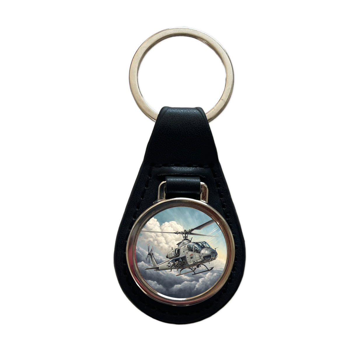 Military Attack Helicopter In Flight Black Leather Metal Keychain