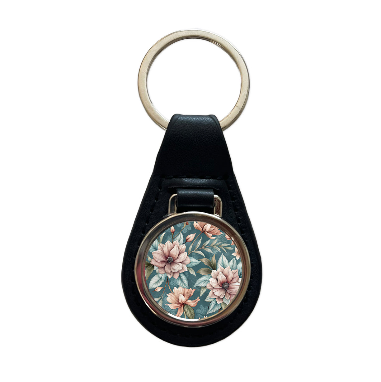 Minimalist Flowers Floral Pattern Black Leather Metal Keychain