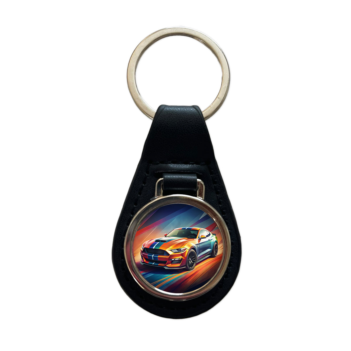 Modern Muscle Car Art Black Leather Metal Keychain