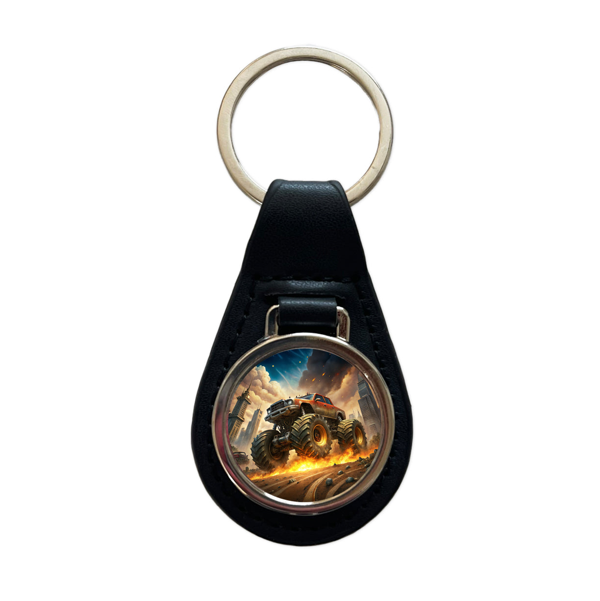 Monster Off-Road Truck Demolishing Cars Black Leather Metal Keychain