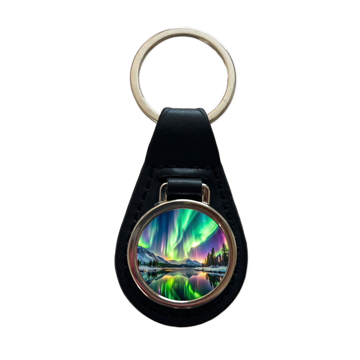 Northern Lights Over Lake Black Leather Metal Keychain