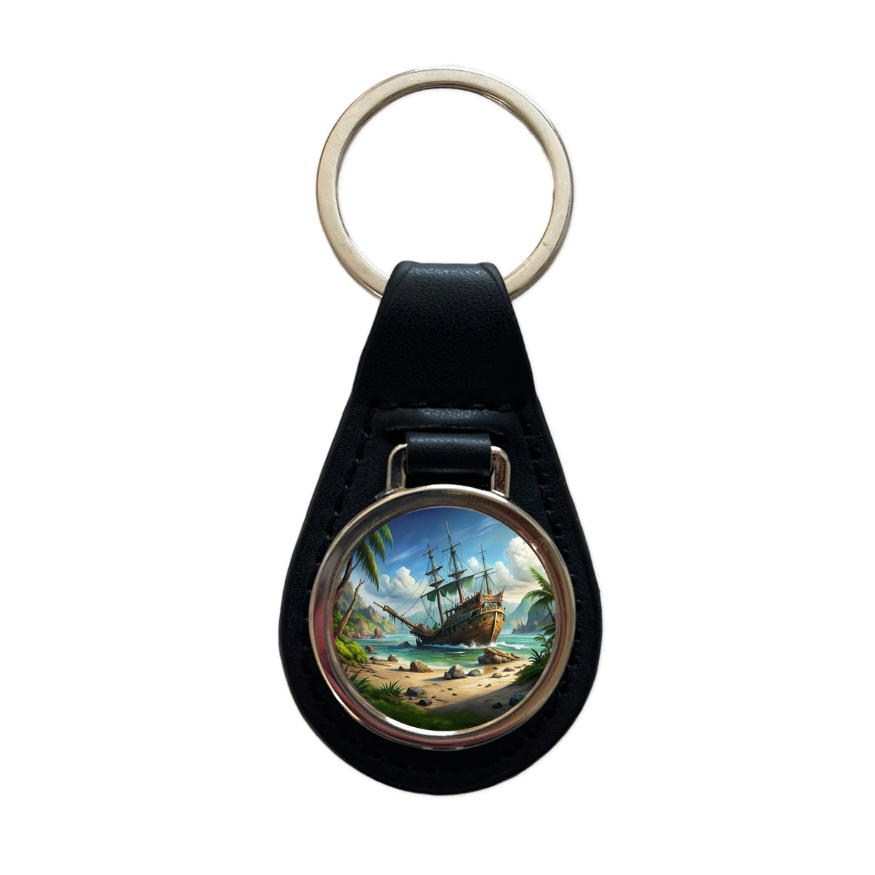 Pirate Sailing Ship Shipwreck Black Leather Metal Keychain