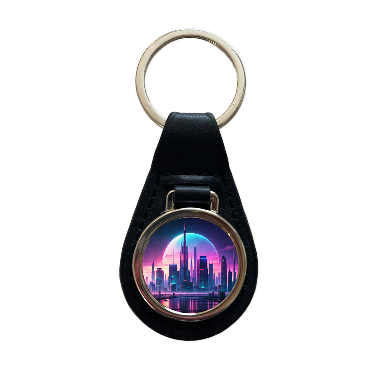Purple Neon Sci-fi City Horizon Black Leather Metal Keychain