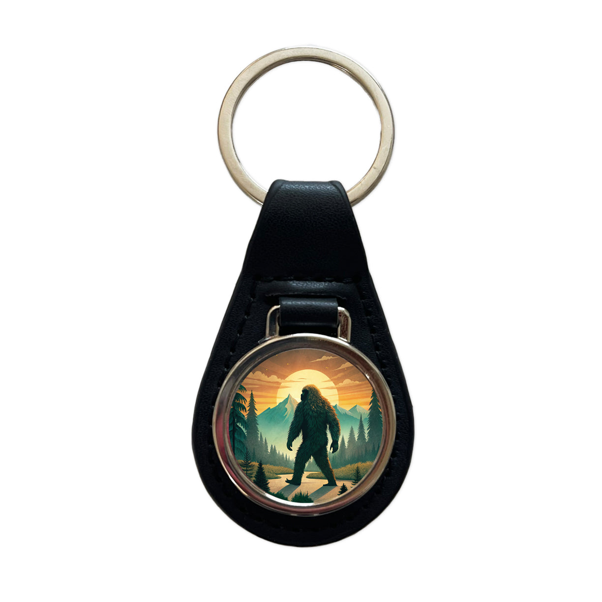Retro Bigfoot Walking In The Woods At Sunset Black Leather Metal Keychain