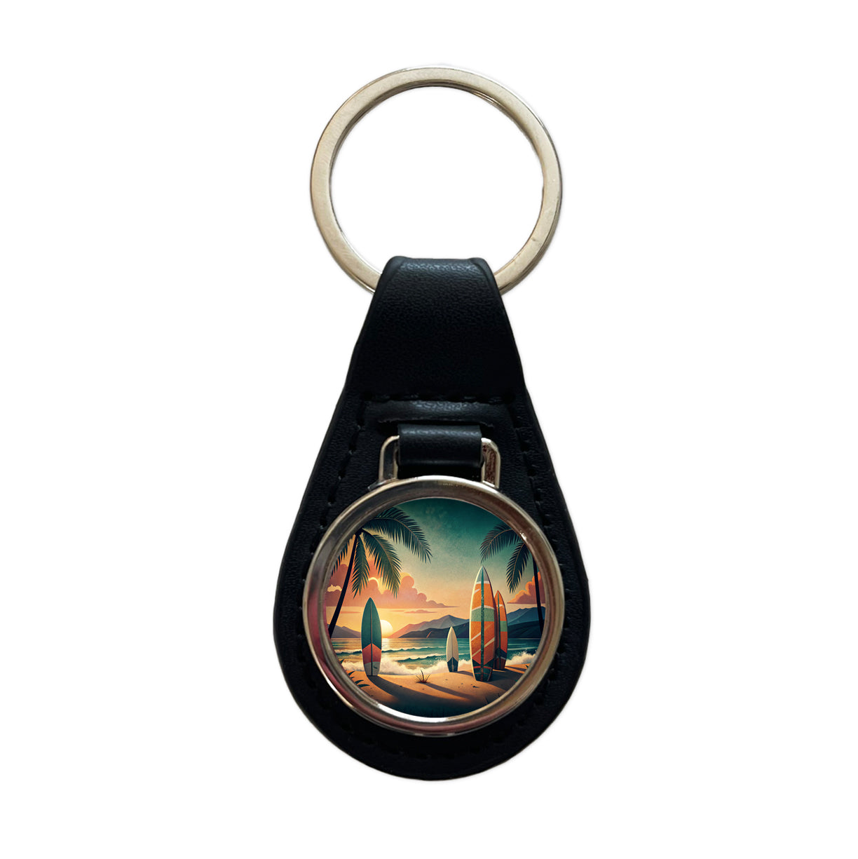Retro Surfboards On Beach Tropical Sunset Illustration Black Leather Metal Keychain