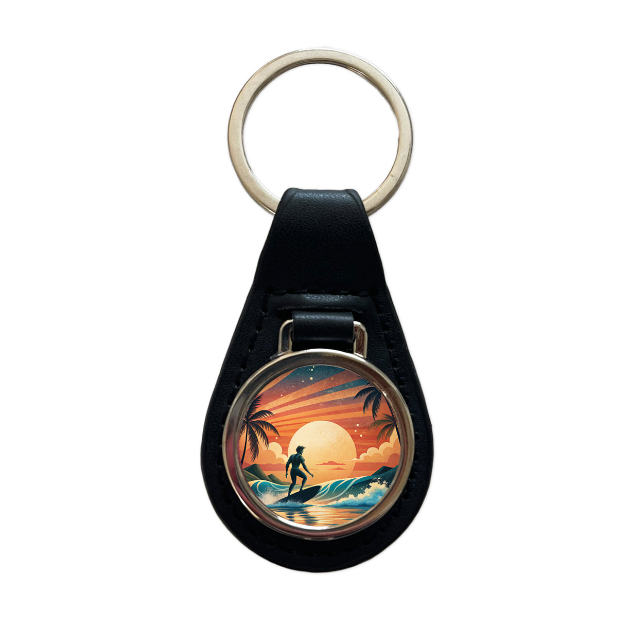 Retro Surfer Beach Tropical Sunset Illustration Black Leather Metal Keychain